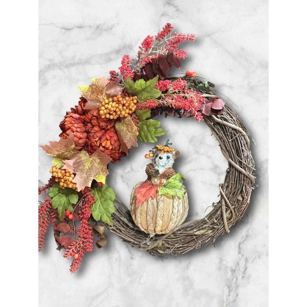 Handmade Fall Wreath: Faux Pumpkin, Pinecone & Berry Door Decor
